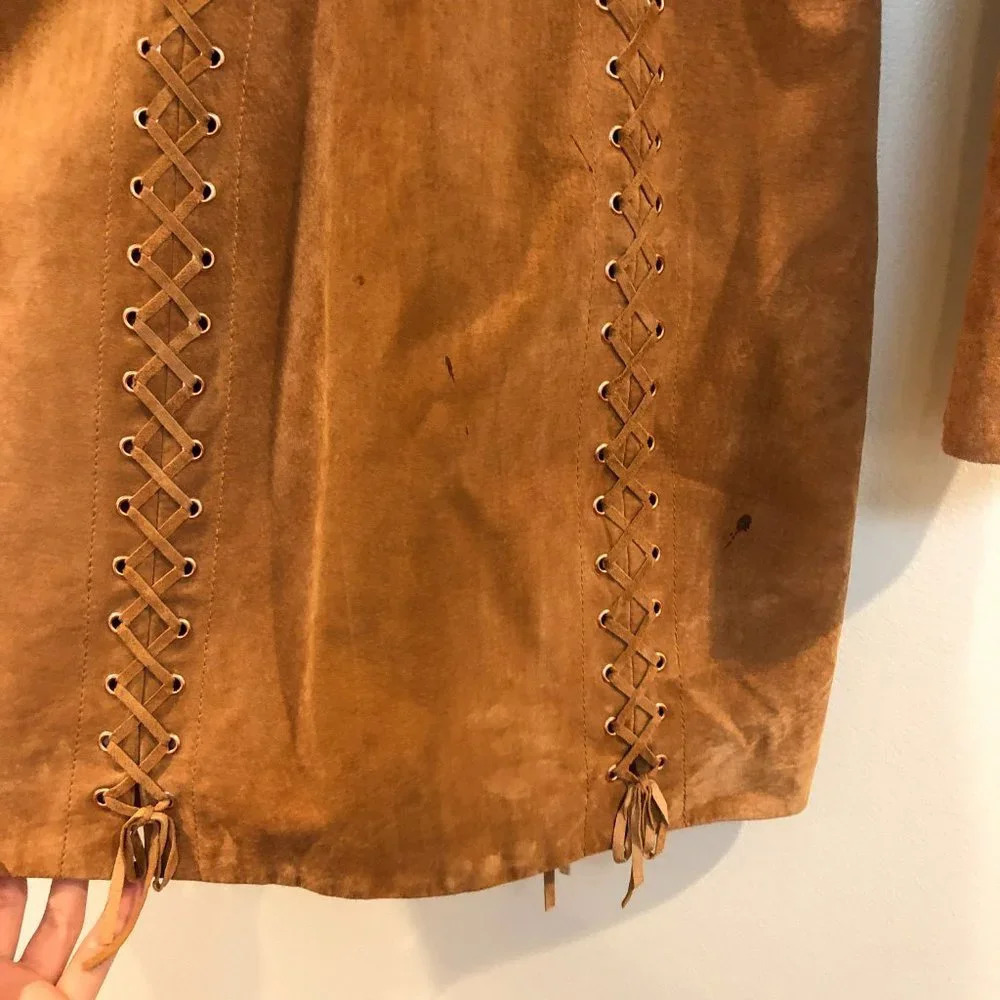 NEW Intermix Leather Lace Up Long Sleeve V Neck Mini Dress Small FLAWED - Picture 9 of 11